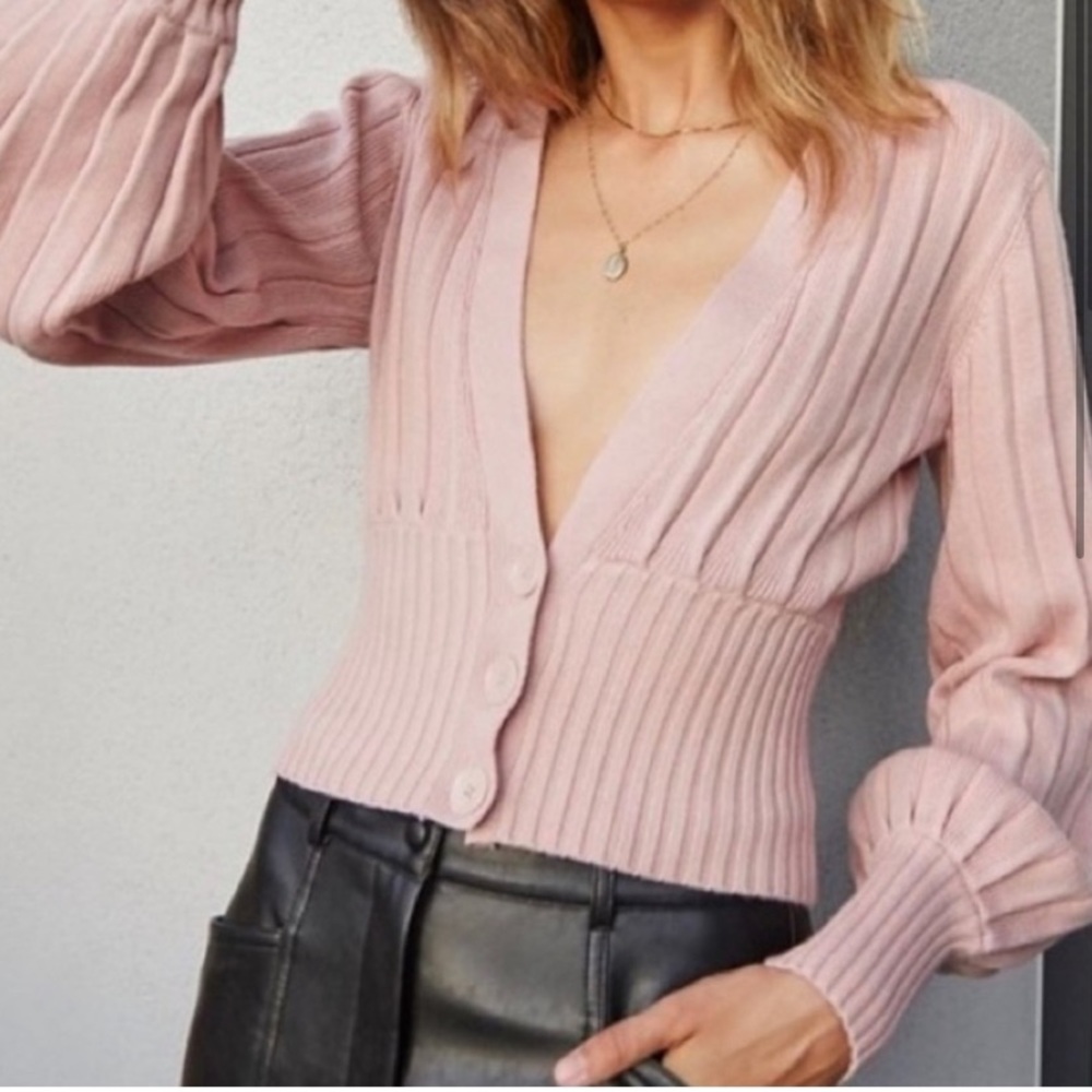 Aritzia Soft Pink Ribbed Button-Front V-Neck Cardigan